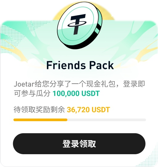现金礼包弹窗：登录领取，瓜分 100,000 USDT