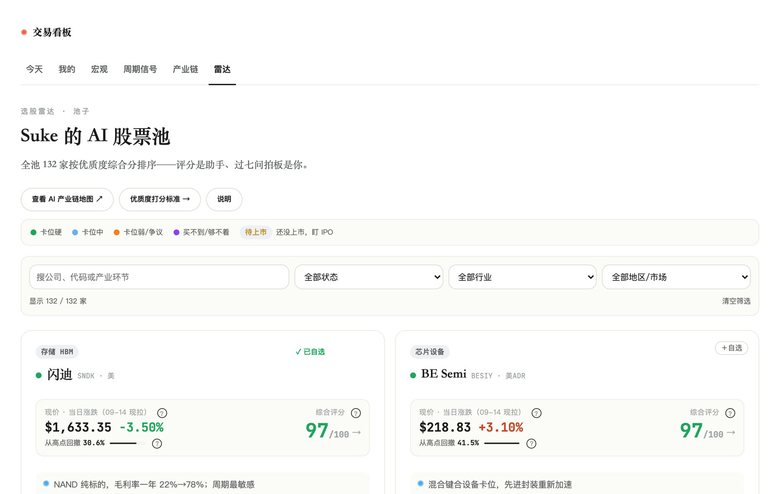 AI 投资看板「选股雷达」页面